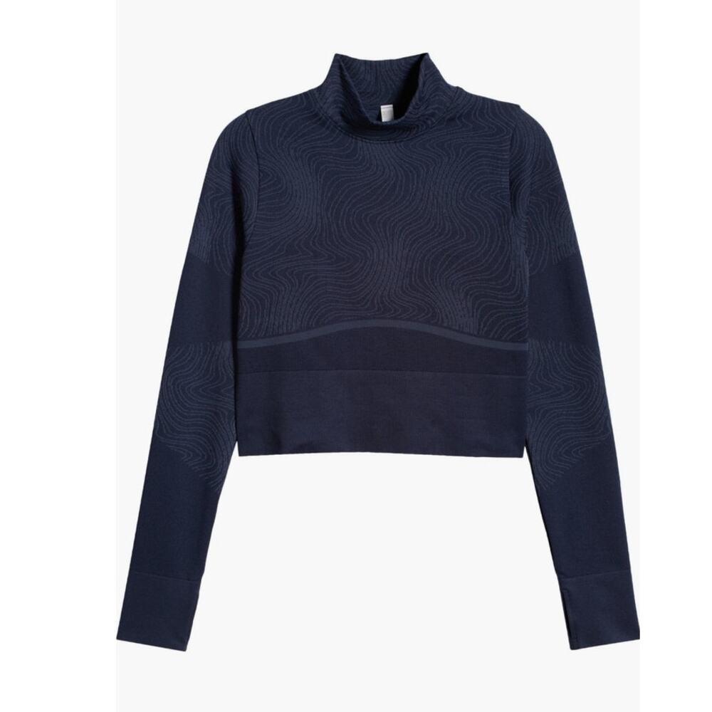 Zella | navy blue seamless jacquard mock neck base layer top shirt | size medium